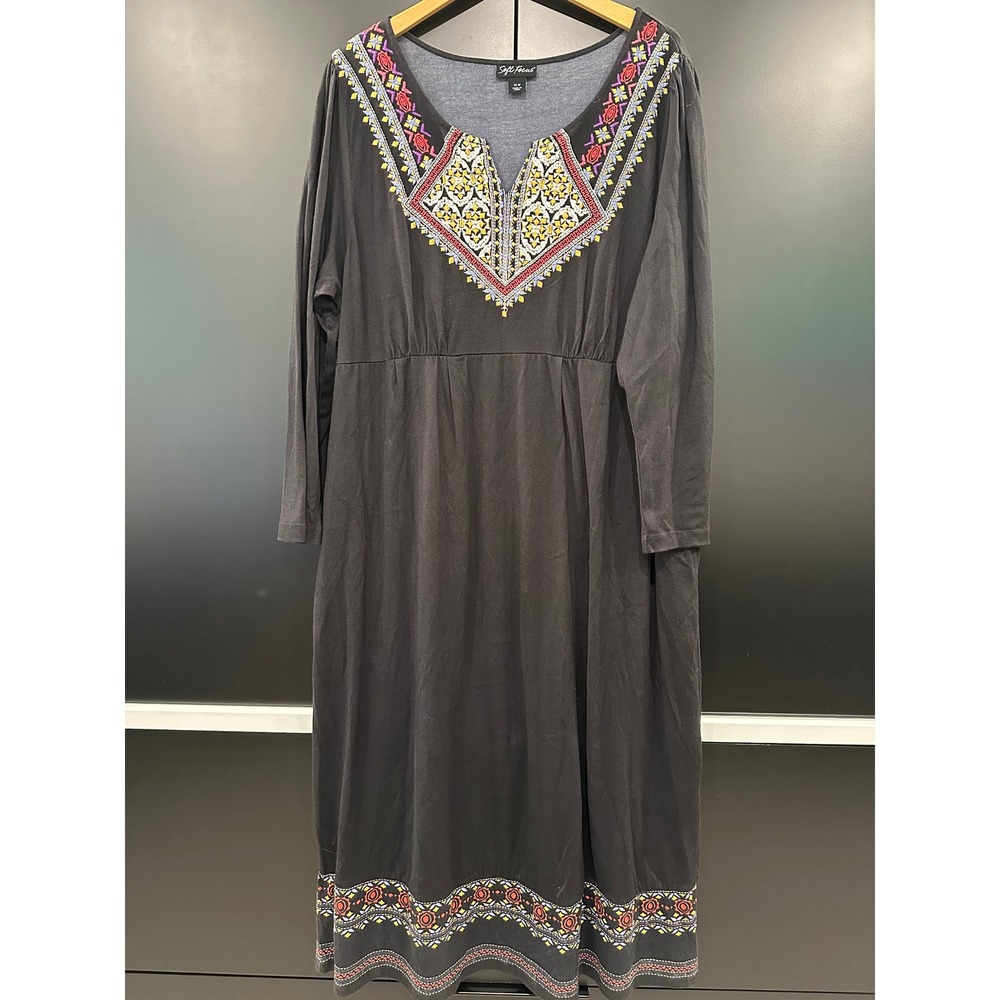 Soft Focus Womens 20W Black Embroidered V-Neck Long Sleeve Maxi Dress Boho 04023